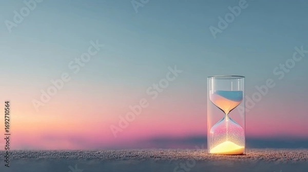Fototapeta Conceptual time hourglass illustration Hourglass with flowing sand against a colorful sunset background highlighting elegant tones, unique perspective, minimal design, perfect for commercial