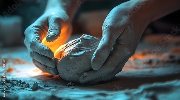 Fototapeta Sculpting Hands Forming Clay with Glowing Light Creative Process and Artistic Expression Revealed