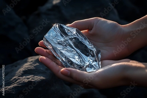 Fototapeta Sparkling Chunk of Raw Crystal Quartz Held Gently in Person's Palms Outdoors