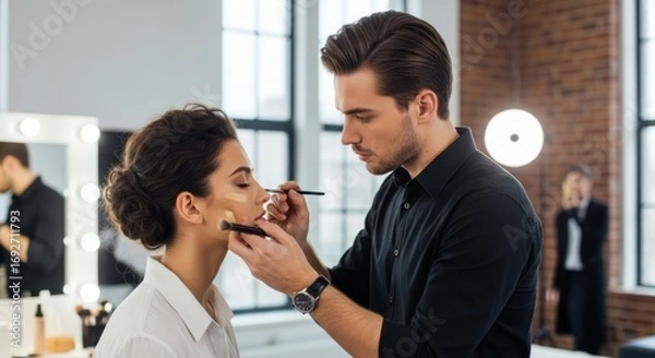 Fototapeta A man applying makeup to a woman's face in a professional setting.