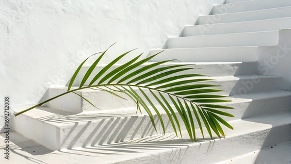 Fototapeta A long green palm leaf gently lies on a series of bright white outdoor steps, casting intricate shadows under strong sunlight.