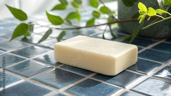 Fototapeta A creamy bar of natural soap sits on reflective blue square tiles next to a lush green plant for a fresh clean aesthetic.