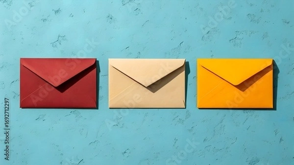 Fototapeta Red, cream, and yellow envelopes are neatly arranged in a horizontal line on a bright blue textured background, seen from above.