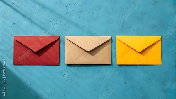 Fototapeta Three distinct colored envelopes, red, brown, and yellow, lie flat on a vibrant blue textured surface with gentle shadows.