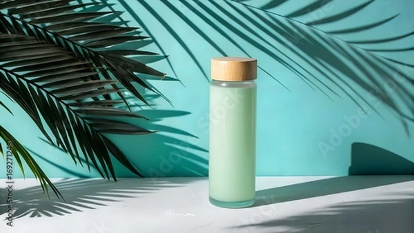 Fototapeta A glass bottle with green liquid and a wooden cap sits on a white table, as palm shadows fall on a vibrant turquoise wall.