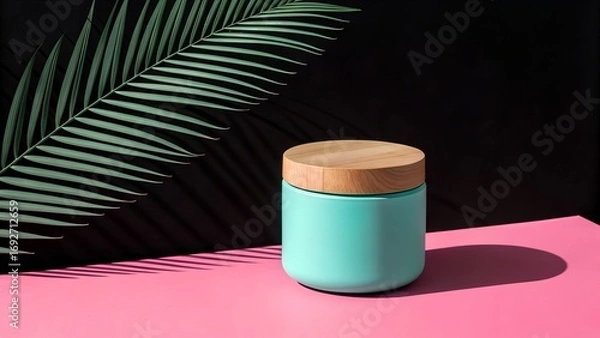 Fototapeta A sleek turquoise jar with a wooden lid is artfully presented on a bright pink surface, complemented by a tropical palm leaf casting shadows.