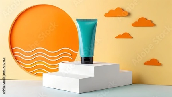 Fototapeta A teal cosmetic tube is displayed on a white stepped podium against a vibrant yellow backdrop with orange sun waves and decorative clouds.