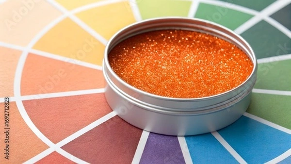 Fototapeta Vibrant orange glitter fills a small silver tin, carefully placed on a colorful color wheel displaying various hues and shades.