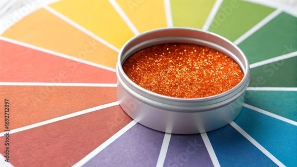 Fototapeta A round silver tin containing sparkling orange glitter rests on a detailed color wheel, showcasing shades for creative art projects.