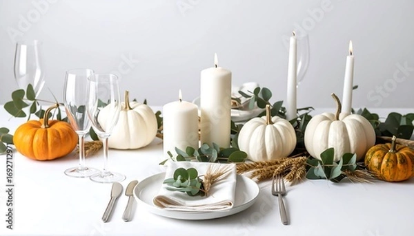 Fototapeta Thanksgiving table setting with pumpkins and candles
