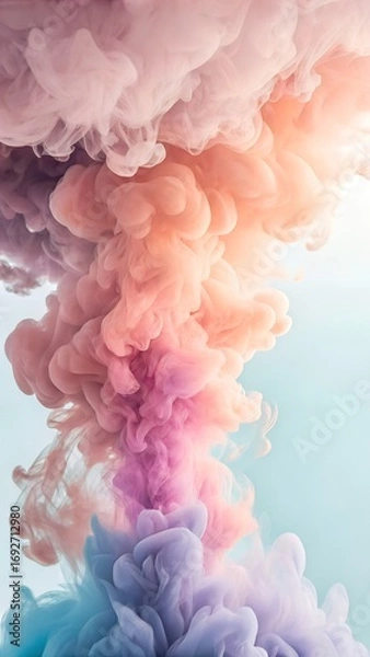 Fototapeta Colorful smoke clouds gently billow, blend, and ascend in soft pastel shades of pink, orange, purple, and blue, creating an abstract artistic background.