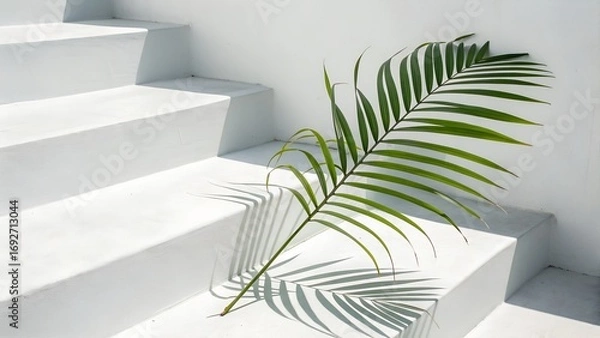 Fototapeta A vibrant green palm leaf rests gently on the bright white outdoor stairs, creating interesting shadows from the sunny light.