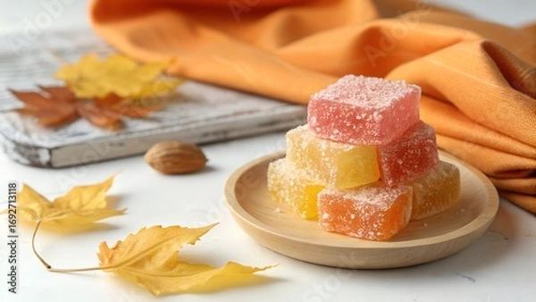 Fototapeta Vibrant square jelly candies coated in sugar are arranged on a wooden plate. Autumn leaves and a walnut create a cozy fall setting.