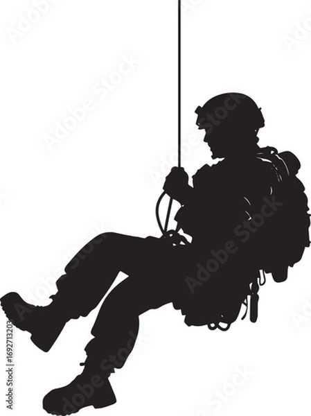 Fototapeta Rope Descent A black silhouette vector of a soldier rappelling down a building.