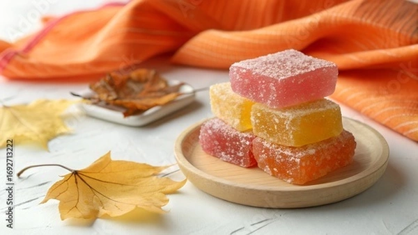 Fototapeta Colorful fruit jelly squares are beautifully stacked on a small wooden plate with autumn leaves and an orange fabric creating a warm seasonal display.