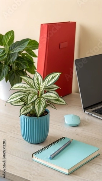 Fototapeta A serene and organized home office desk featuring green potted plants, a blue notebook, a laptop, and a red binder for work.