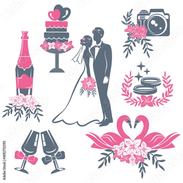 Fototapeta set of wedding symbols collection of wedding accessories elements wedding decorative decorations on white background vector image