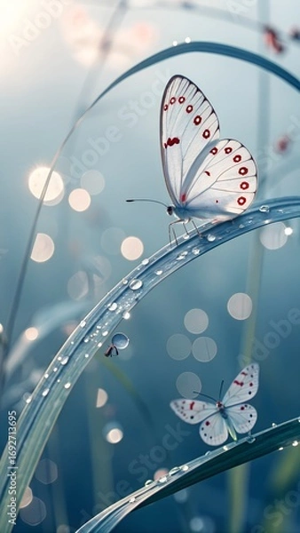 Fototapeta Two white butterflies with red spots gently rest on dew covered green grass blades, illuminated by soft morning light and beautiful bokeh.