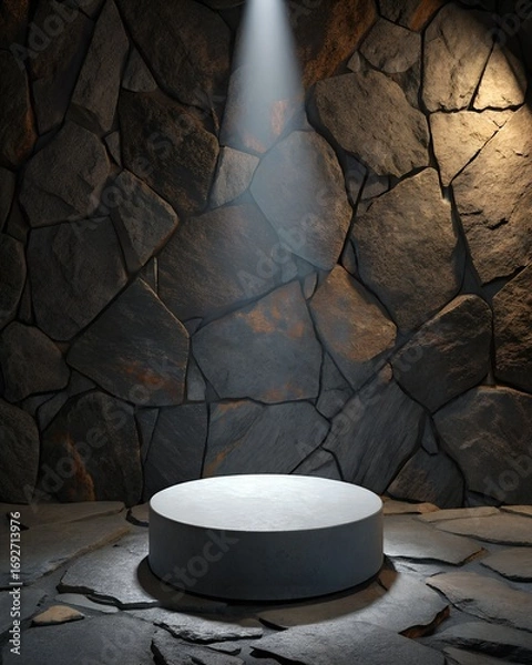 Fototapeta An empty circular stone pedestal stands on a rough rock floor, against a textured stone wall, highlighted by a bright overhead spotlight.