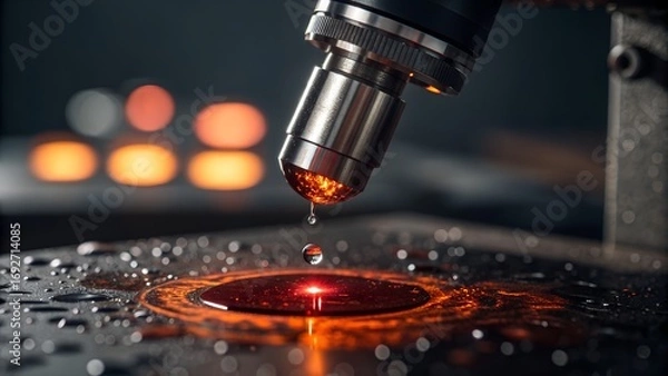 Fototapeta A sophisticated microscope lens drips glowing red liquid onto a dark, wet surface, showing advanced scientific research and laboratory experimentation.