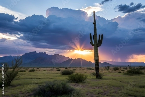 Fototapeta A saguaro cactus stands tall in the desert, as golden sun rays burst through dark storm clouds, illuminating distant mountains at sunset.