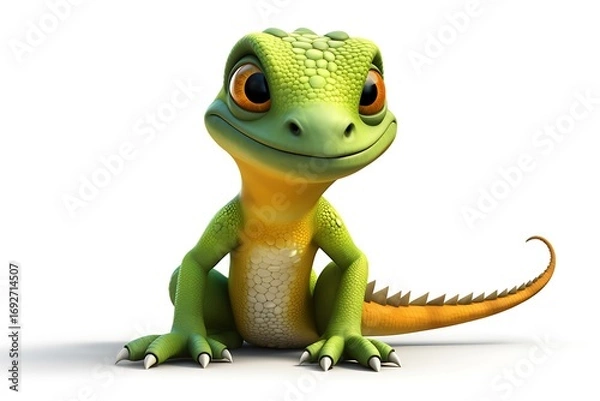 Fototapeta A cheerful green lizard character with bright eyes and a playful pose against a white background