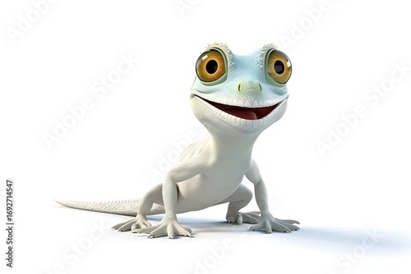 Fototapeta Friendly cartoon lizard character smiling cheerfully in a bright, minimalistic setting