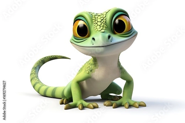 Fototapeta Cute animated green lizard character posing playfully on a clean white background