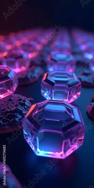 Fototapeta abstract blue background with cubes, purple and blue glass beads, Glass hexagons with smooth sleek surfaces glowing integrate, glass of water on a blue background