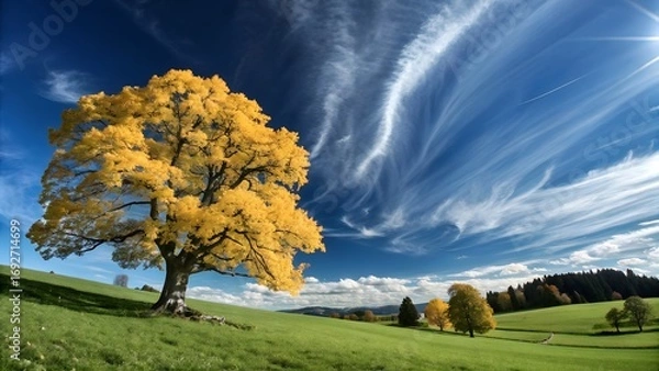 Fototapeta A magnificent autumn tree with bright yellow leaves stands proudly on a vibrant green hill under a deep blue sky with swirling white clouds and shining sun.