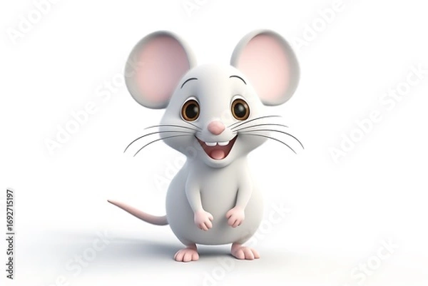 Fototapeta Cheerful cartoon mouse character with big ears and a happy expression on a white background