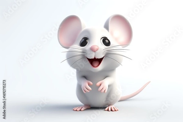 Fototapeta Cute cartoon mouse character with a joyful expression, standing on a clean white background