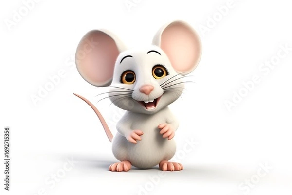 Fototapeta Cute cartoon mouse character smiling happily, standing on a white background, ideal for children's media