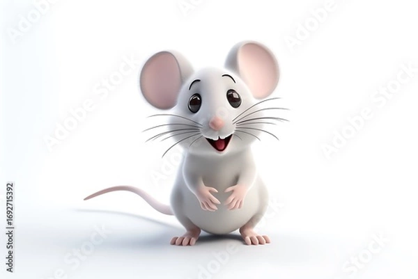 Fototapeta Cute cartoon mouse with a cheerful expression, standing on a white background, perfect for children's content
