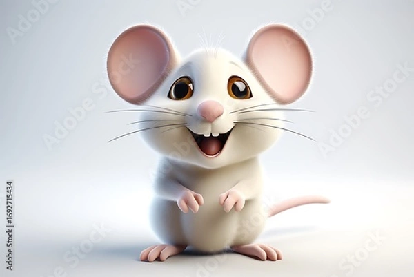 Fototapeta A cheerful cartoon mouse with big ears and a bright smile, set against a soft, neutral background