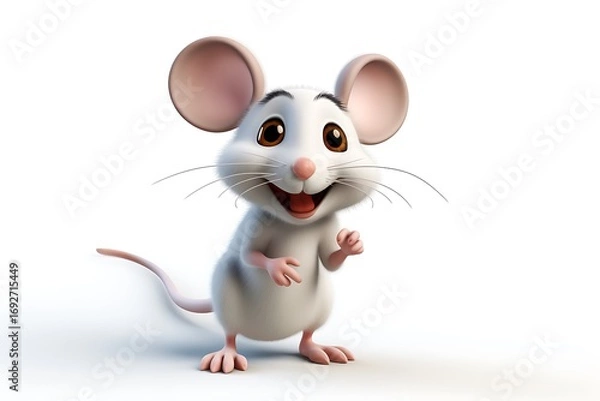 Fototapeta Cheerful cartoon mouse character standing on a white background, ready for playful adventures