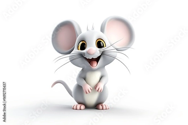 Fototapeta Cute cartoon mouse with large ears and bright eyes, smiling joyfully against a plain background