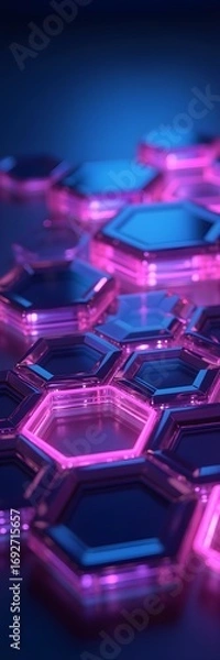 Fototapeta abstract blue background with cubes, purple and blue glass beads, Glass hexagons with smooth sleek surfaces glowing integrate, glass of water on a blue background