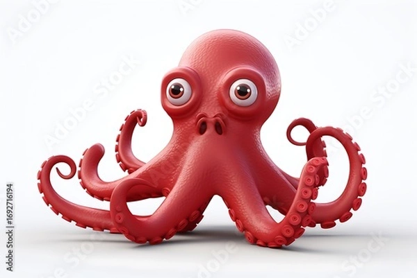 Fototapeta A vibrant red octopus with large eyes and curled tentacles set against a plain white background