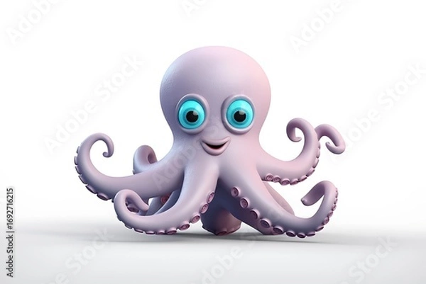 Fototapeta Cartoon octopus with big eyes and a cheerful expression, playfully positioned on a clean background