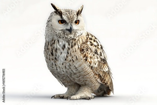 Fototapeta Realistic depiction of a majestic owl perched elegantly against a soft white background