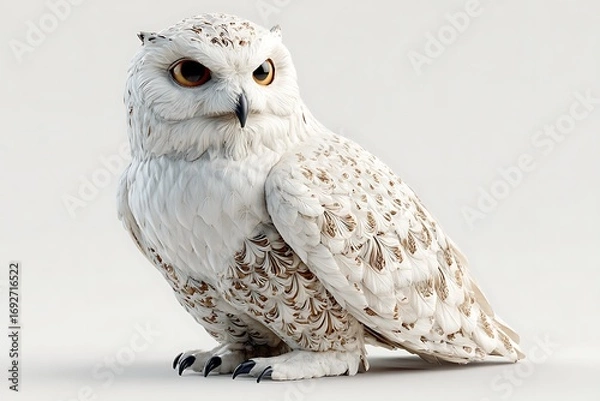 Fototapeta Realistic white owl perched gracefully, showcasing intricate feather details and a neutral background