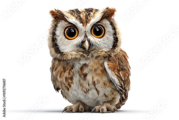 Fototapeta A realistic, detailed depiction of a perched owl with large eyes and intricate feathers against a white background