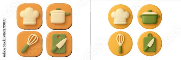 Fototapeta Set of 3D cooking and kitchen icons including a chef hat, cooking pot, whisk, and knife on a cutting board isolated on a white background