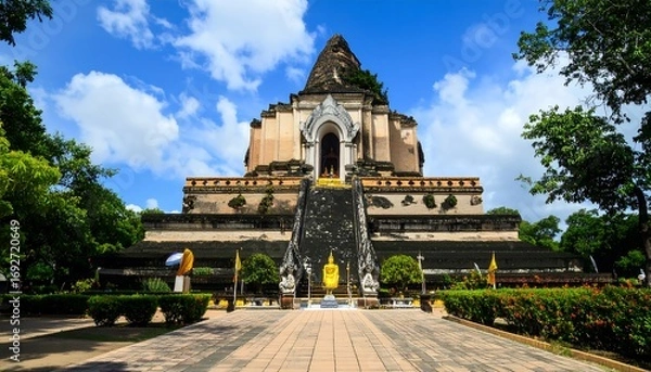 Fototapeta Ancient temple with tiered structure under a vibrant blue sky