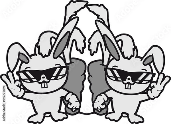 Obraz 2 freunde team paar peace zeichen karotte möhre lecker hunger essen handzeichen sonnenbrille stehend begrüßen kaninchen hase klein süß niedlich glücklich