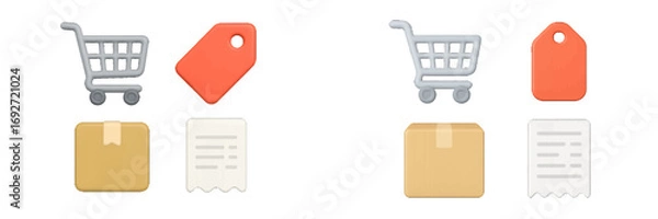 Fototapeta E-commerce shopping cart, price tag, package, and receipt icons for online retail and digital marketplace applications