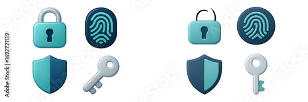 Fototapeta Modern 3D security icons: padlock, fingerprint, shield, key symbols