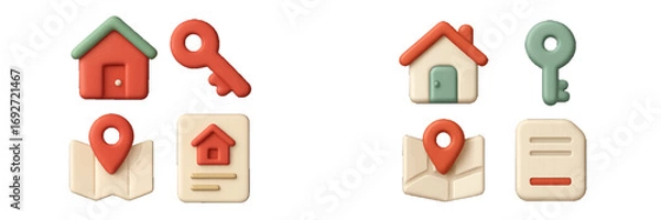 Fototapeta 3D real estate icon set with house, key, map location pin, and property document for web and mobile applications