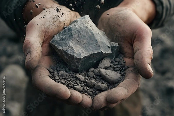 Fototapeta Two Dirty Hands Hold Chunk of Raw Stone and Gravel with Dust Particles Falling